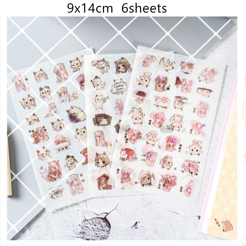 6sheets/pack/lot Korea Kawaii Doll Girl Paper Sticker Set Note Sticker Decoration Label Multifunction: Girl and cat