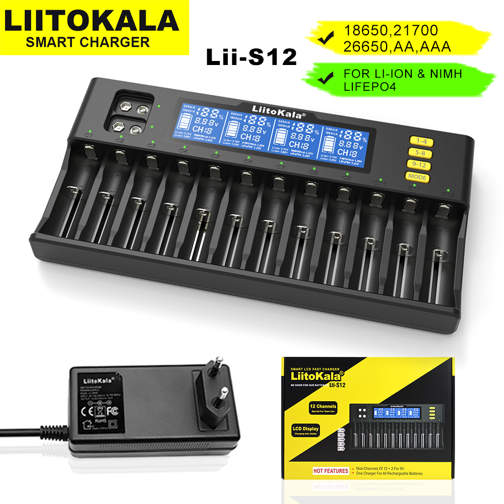 Liitokala lii -s8 s12 akkulaturi 9v li-ion 3.7v nimh 1.2v li-fepo 4 3.2v 3.8v 18650 26650 21700 26700 16340 18350 aa aaa: Musta