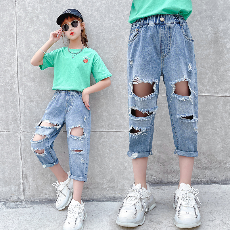 Kinderen Broek Meisjes Dunne Jeans Ripped Cropped Jeans Gaten Korte Broek Denim Zomer 6 8 10 11 12 Jr Kids Kostuum