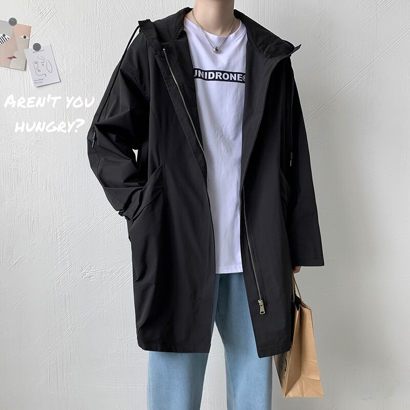 Mężczyźni wykop jednolity, na zamek płaszcze styl japoński luźne średnie długie Hipster nastolatków odzież z kapturem Ulzzang Streetwear studenci Harajuku