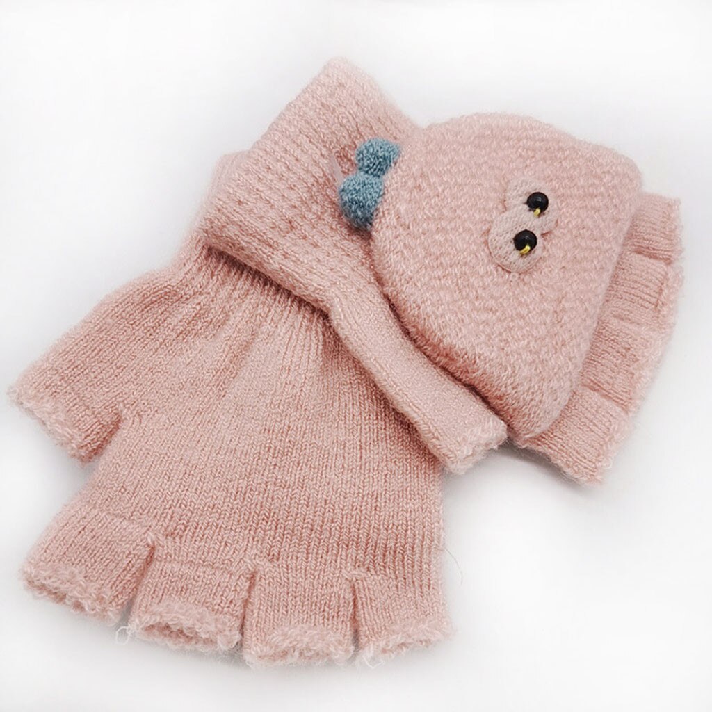 Children Kids Boys Girls Winter Cartoon Cat Patchwork Color Warm Knitted Gloves Kids Boy Girl Convenient Half-finger Gloves