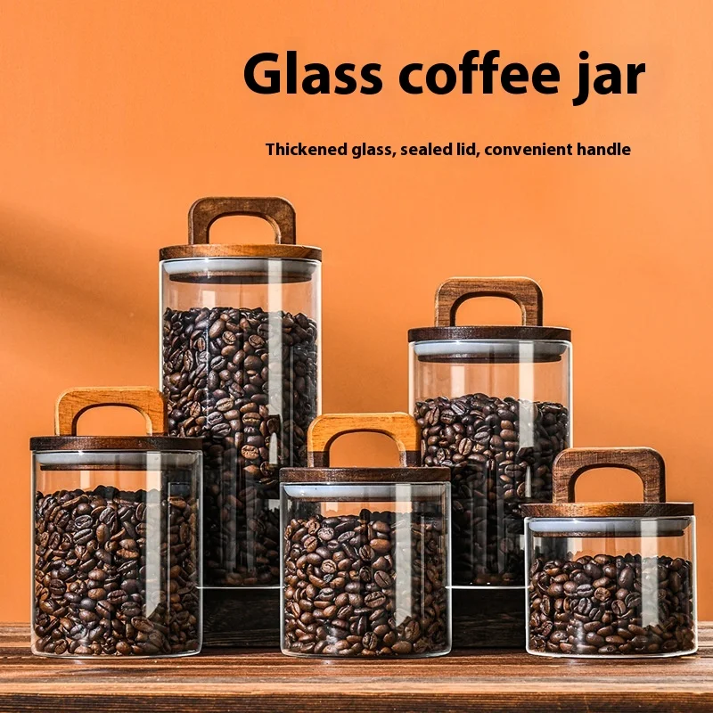 Tarro sellado de vidrio para granos de café con tapa de madera, tarros transparentes para granos de té, dulces, contenedores de almacenamiento de alimentos, botellas de almacenamiento de cocina
