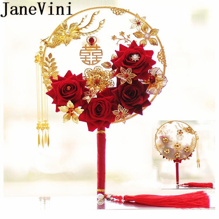 JaneVini Luxe Gouden Bloemen Fan Ronde Rode Roos Kunstmatige Bruidsboeket Chinese Stijl Parel Kralen Wedding Boeket Bruid Fans