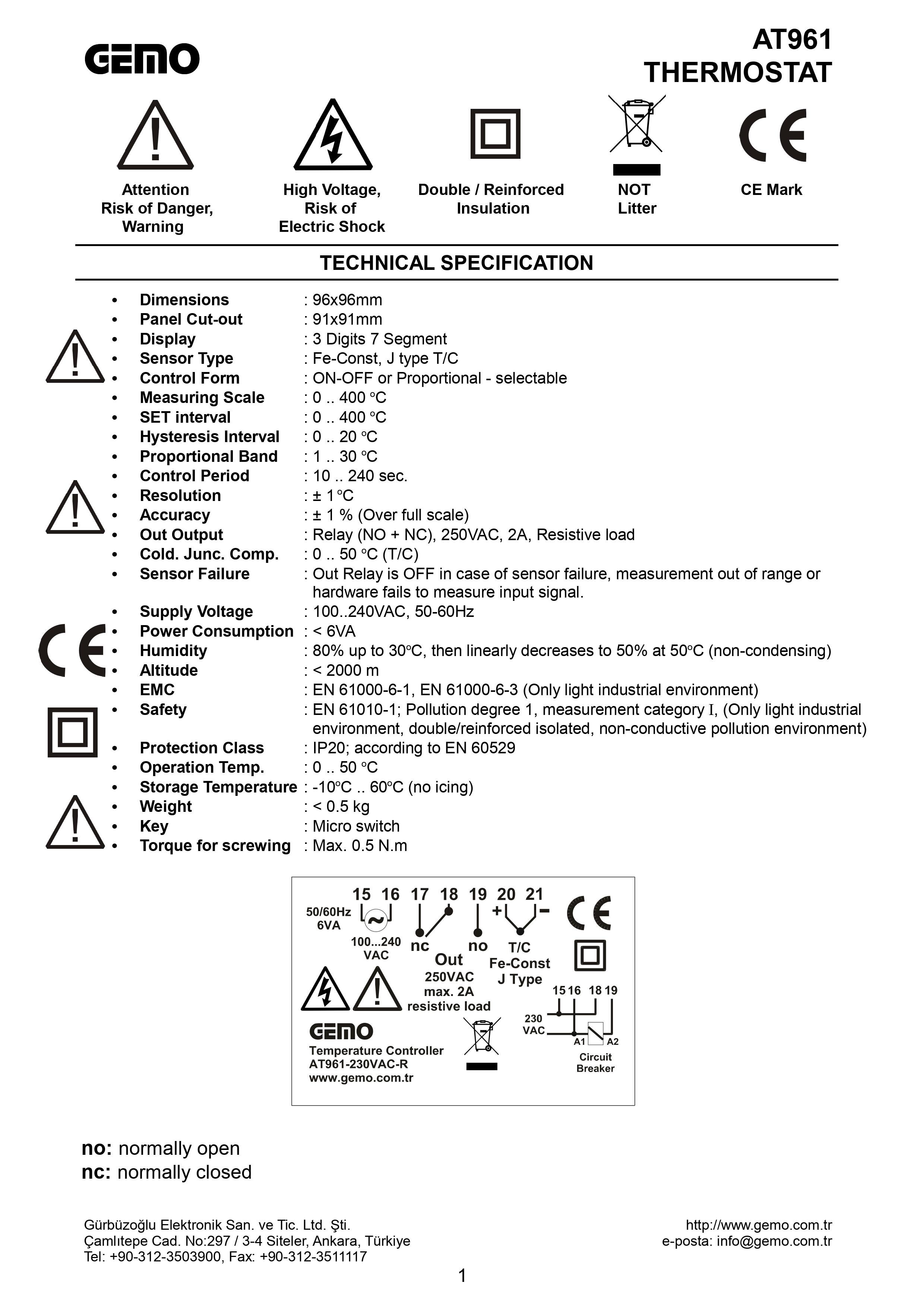 AT961-230VAC-R ; Gemo ON/OFF Temperature Controller with Analog SET 96mm x 96mm front size