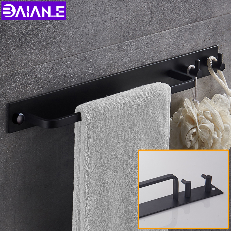 Håndklædestang sort vægmonteret badeværelse håndklædestativ aluminium håndklædestang med dobbelt kappe kroge badeværelse hardware vedhæng