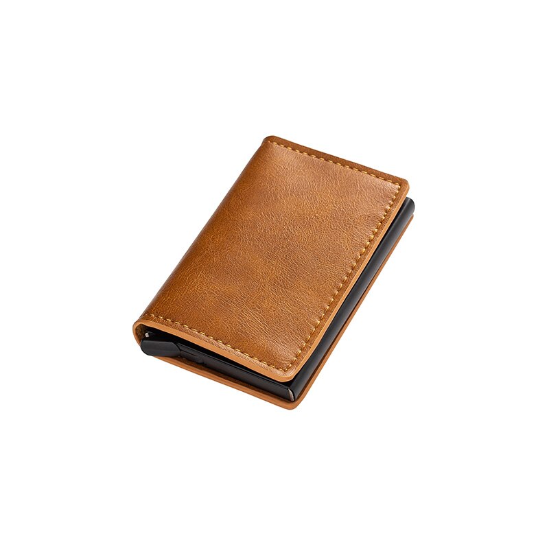 Mannen Metalen Kaarthouder RFID Aluminium Credit Kaarthouder PU Leather Wallet Antitheft Mannen Automatische Pop Up RFID portemonnee: Brown Black