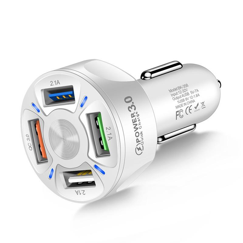 Adaptador de carga rápida para coche, dispositivo de 48W, 7A, Mini, 4 puertos, USB, para iPhone 12, Xiaomi, Huawei, productos para coche: white
