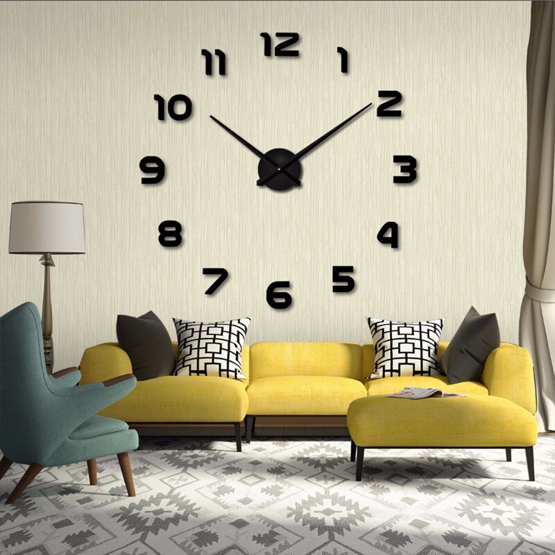 Horloge murale 3D numérique, grand autocollant en acrylique, silencieuse, bricolage moderne pour décoration de maison et salon: Black / 100-120cm