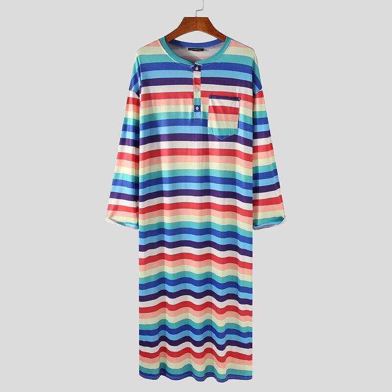 INCERUN Men Robes Striped Colorful Leisure O Neck Long Sleeve Bathrobes Loose Nightgown Comfortable Soft Men Dressing Gown S-5XL: Blue / S