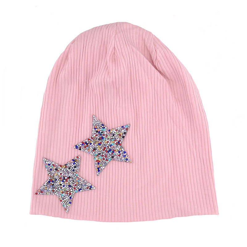 Gzhilovingl färgglada strass stjärnmössor hattar för kvinna dam höst vinter bomull ribbad slouch skullies hattar: Rosa