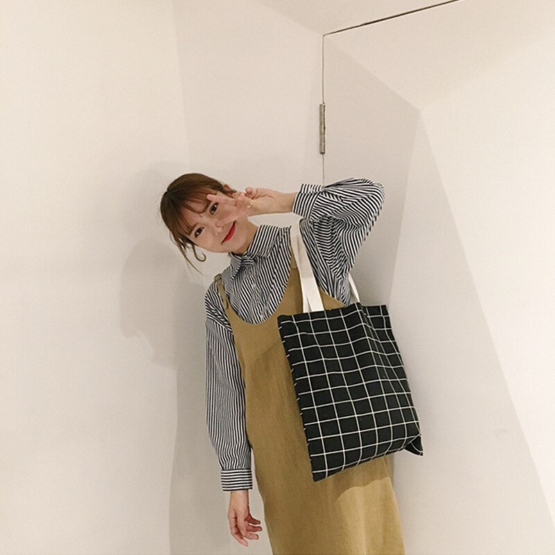 Women Canvas Tote Bag Cotton Plaid Print Shopping Bags Foldable Female Handbag Reusable Eco Beach Shopper Bag: Black