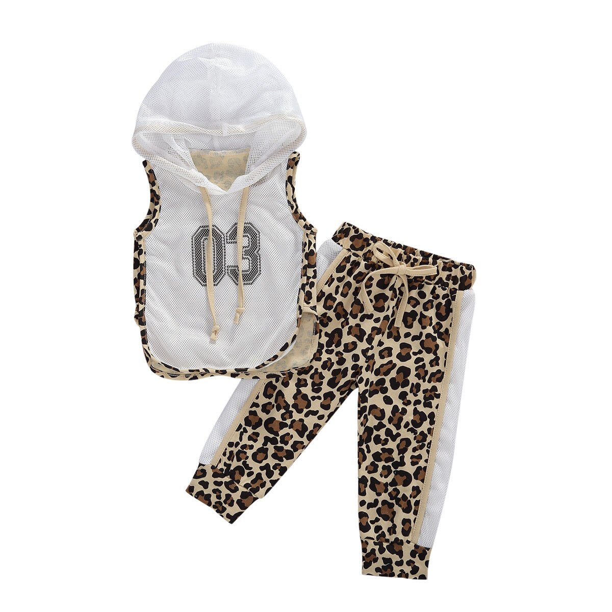 0-5y sommerpiger tøjsæt sportstøjdragt åndbart mesh ærmeløs hætte med top + leopard print bukser: 3-4 år