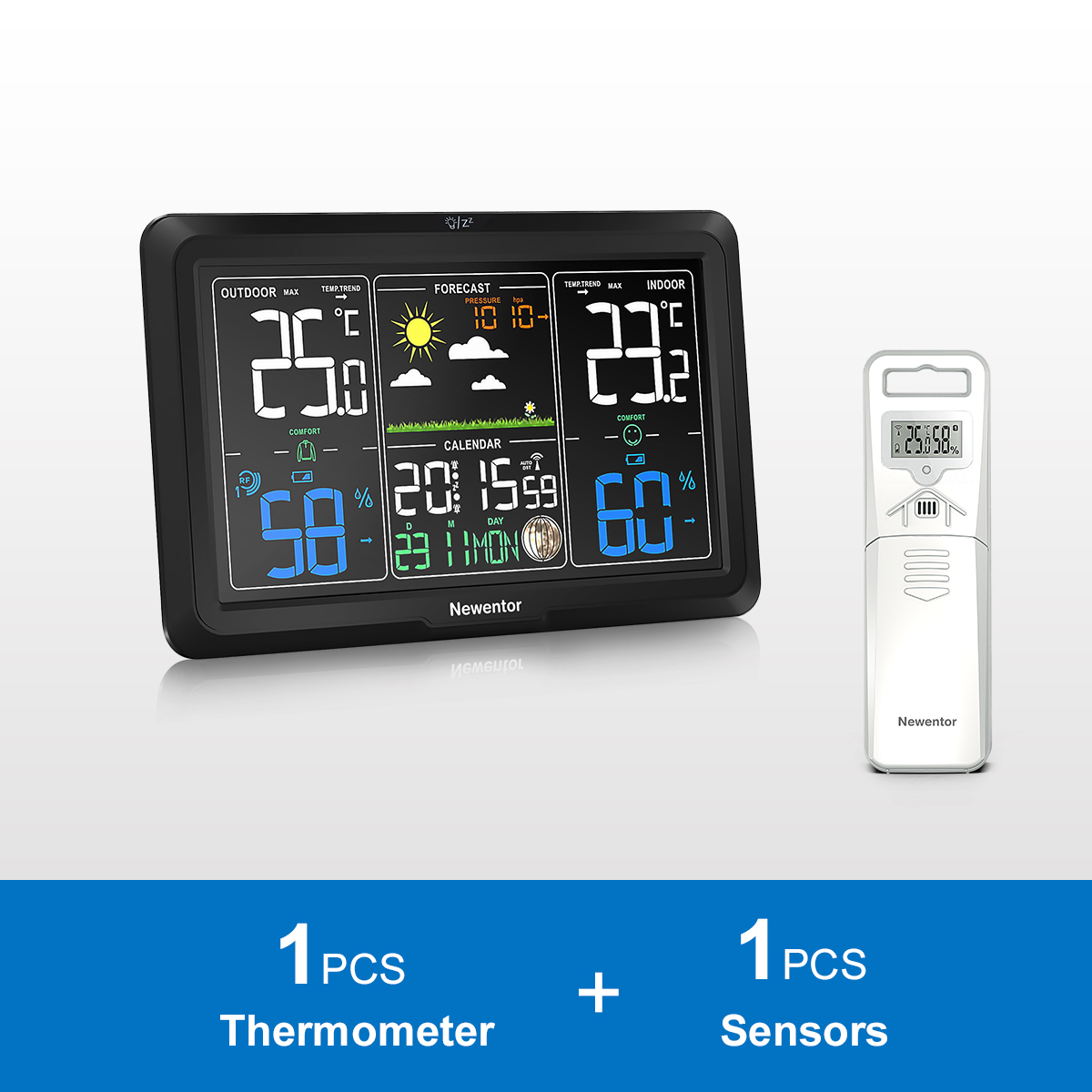 Newentor Weather Station With Sensor Indoor Outdoor Wireless Temperature Humidity Sensor Radio Clock Weather Forecast Calendars: Default Title