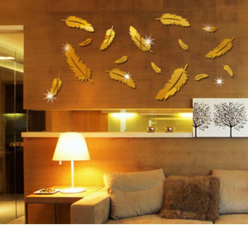 3D Mirror Wall Sticker Feather DIY Art Mural Home Room Decor Acrylic Decals: Gold
