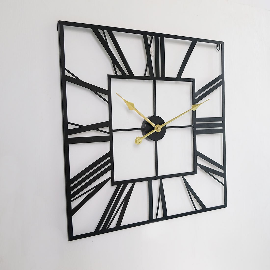 60cm 24 Inches Square Wrought Iron Hollow Roman Numeral Wall Clock Silent Hanging Clock For Home Living Room Decoration - Black