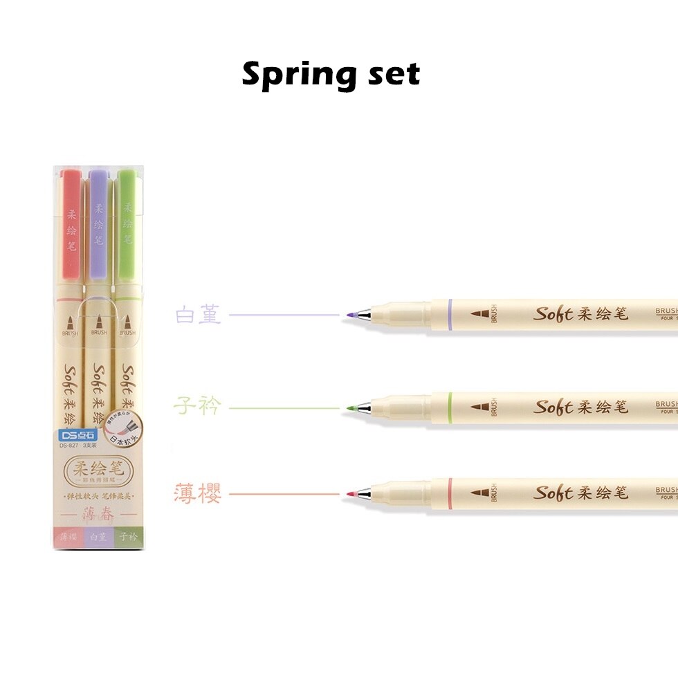 3pcs Four Season Colors Soft Brush Sign Pen Set Fine Tip Liner Drawing Calligraphy Hand Lettering Paint School Art F335: Spring set