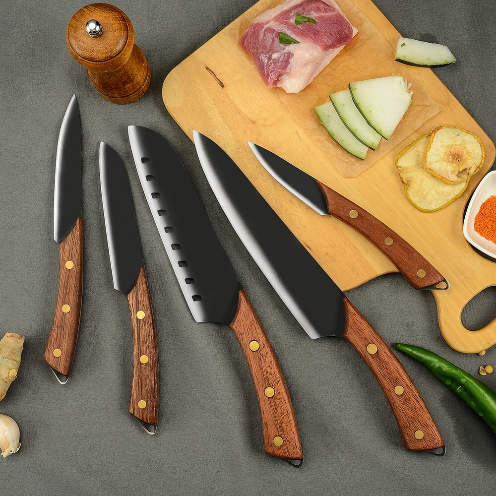Damask Stainless Steel 5PCS Black Matte Hollow Blade Kitchen Knife Set Chef Knife Slicing Knife Wood Handle Kitchen Cleaver
