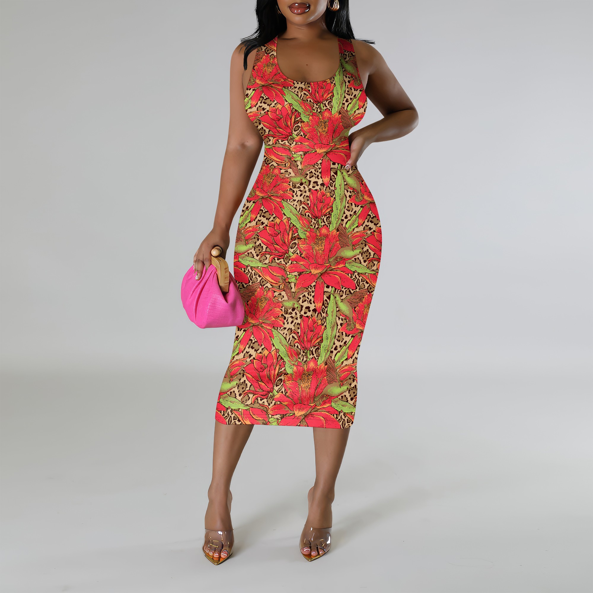 Tropisk bladprint plus size ærmeløs midikjole sommer strandferie bodycon-kjole
