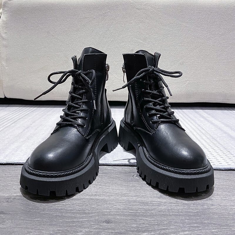 Botines de cuero para mujer, botas Vintage Retro con cremallera lateral, tacones gruesos, botas de invierno para nieve, zapatos para mujer