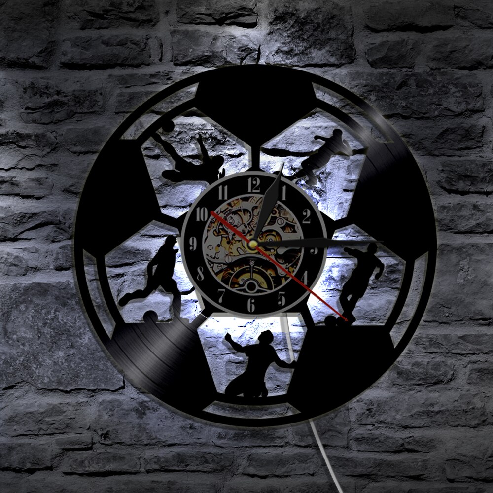 1Piece Soccer Football Ball Silhouette LED Light Sport Vinyl Record Wall Clock For Soccer Lover Footballer