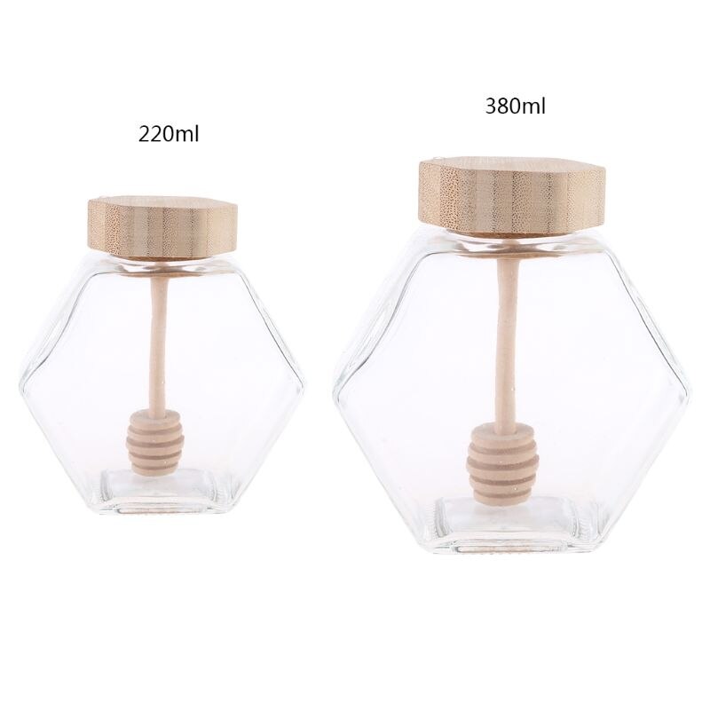 220ML/380ML Hexagonal Glass Honey Bottle with Wooden Stirring Rod Honey Packaging Bottle Small Honey Bottle Container Honey Jar