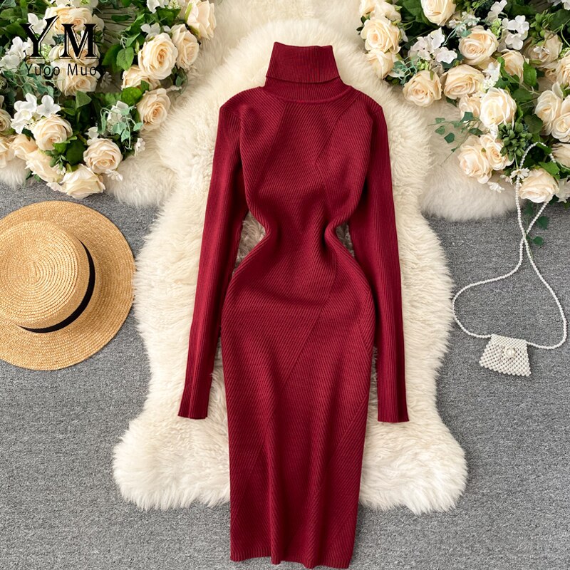 Yuoomuoo Trui Jurk Winter Coltrui Warme Lange Mouw Gebreide Jurk Alle Match Casual Solid Vrouwen Bodycon Jurk