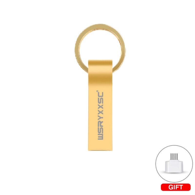 Wsryxxsc Sleutelhanger Usb Flash Drive Waterdicht Metalen Flash Drive 64Gb 32Gb 16Gb 8Gb 4Gb hoge Snelheid Usb Flash Met Adapter: 8GB / gold