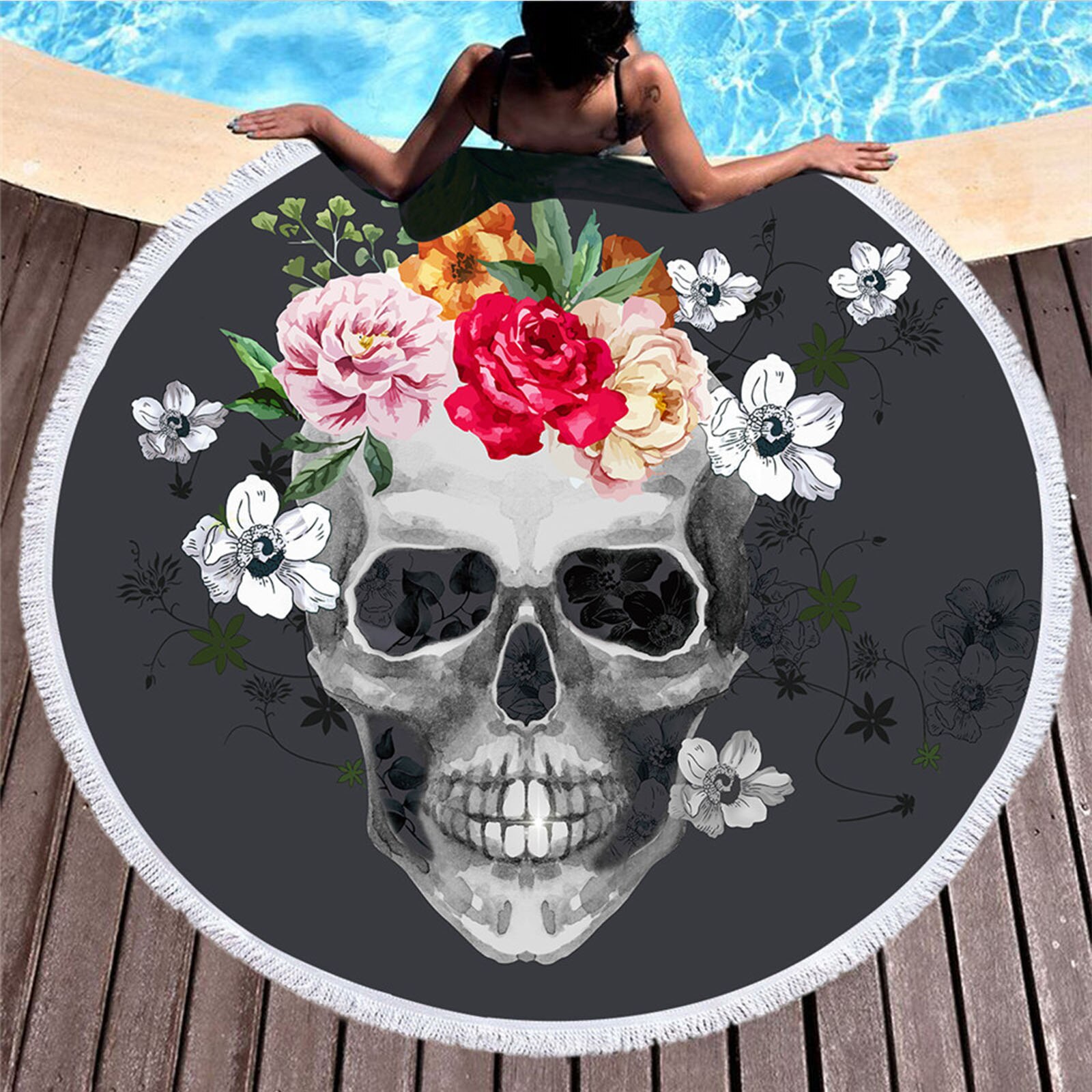 3D Sugar Skull Printed Round Beach Towel Thick Indian Mandala Beach Throw Tapestry Yoga Mat Water Absorbent Soft 150cm Blanket