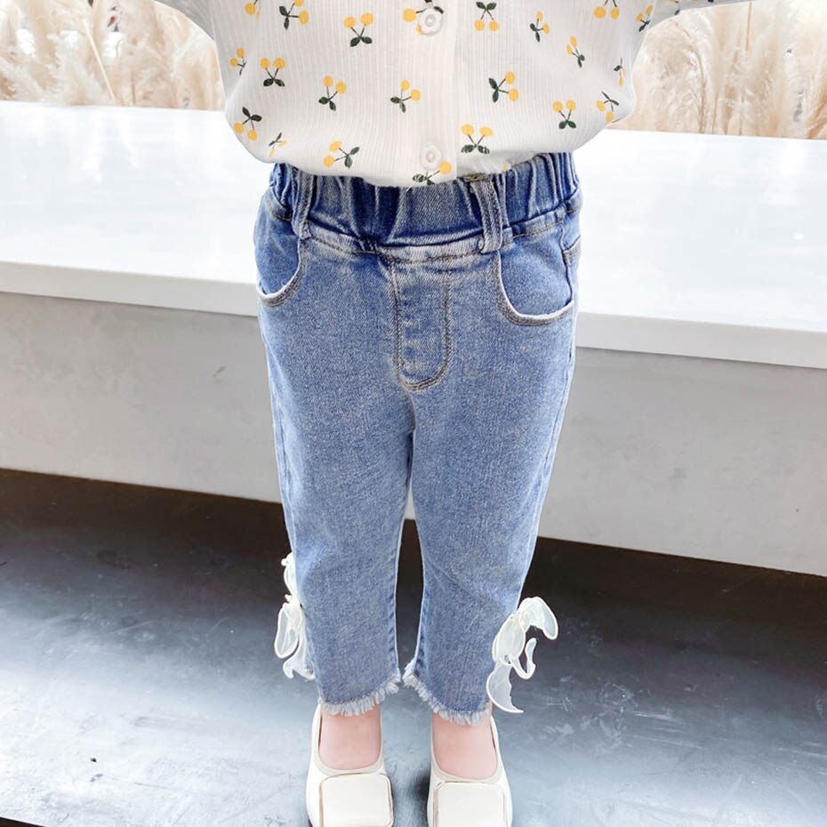 Toddler baby girl jeans med sløjfe jeans baby efterår vinter jeans til børn piger afslappet stil pigetøj: 3t