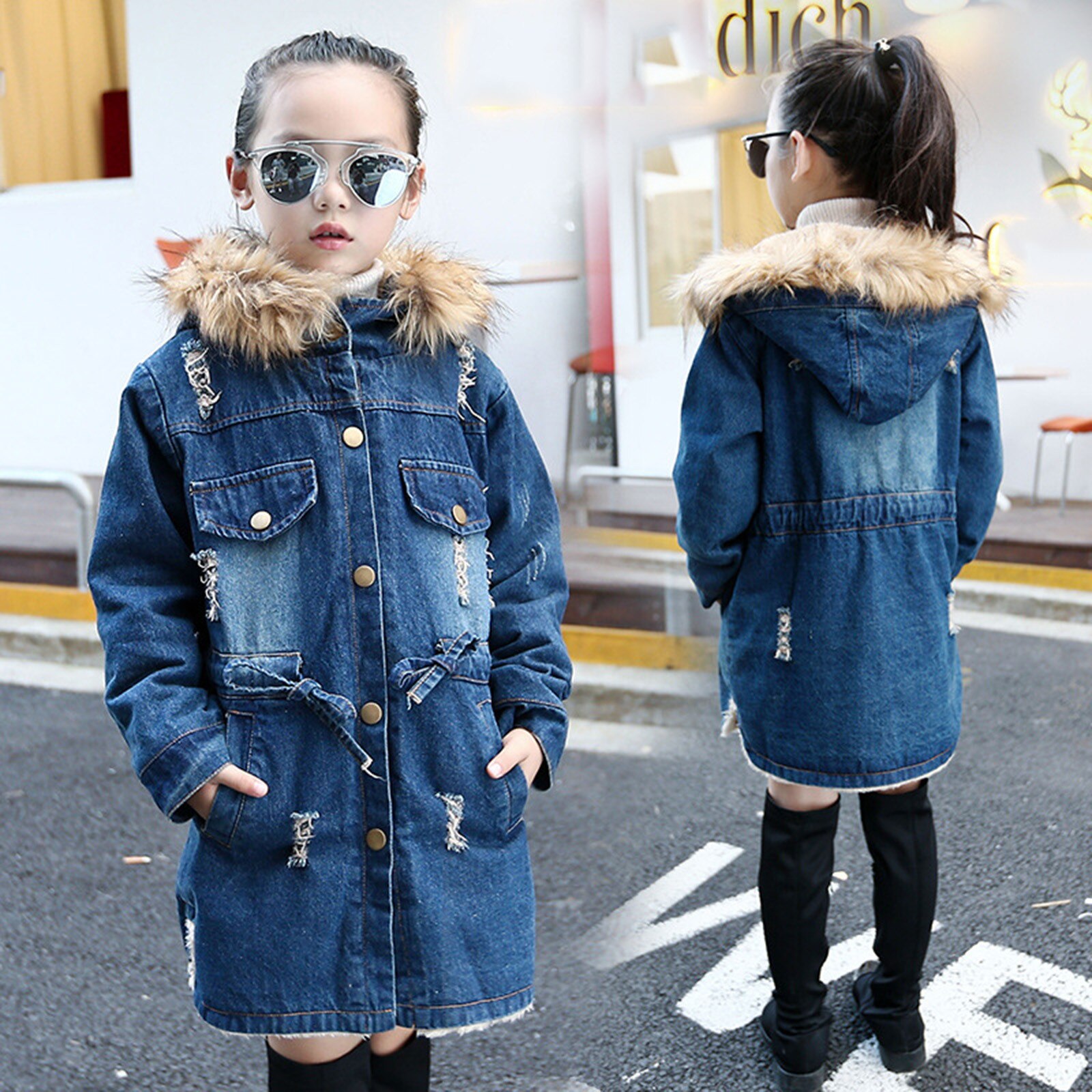 Children Winter Cotton Jacket Toddler Kids Baby Girls Hooded Wool Collar Warm Girdle Denim Coat Jacket Outwear зимняя куртка