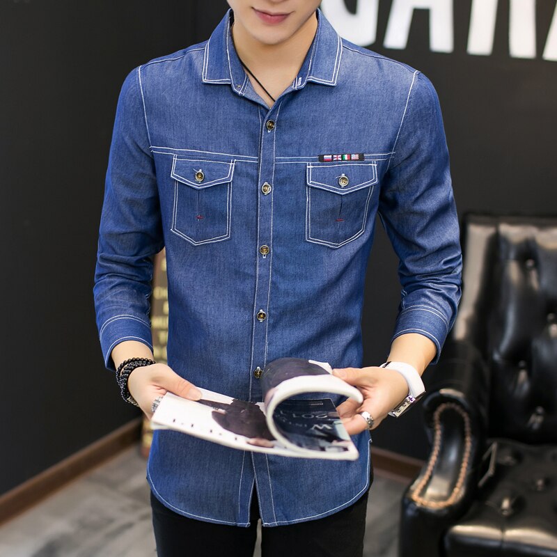 Jeansskjorta herr snygg casual slim fit herr långärmade skjortor solid bomull fram dubbelficka jeansskjortor herr