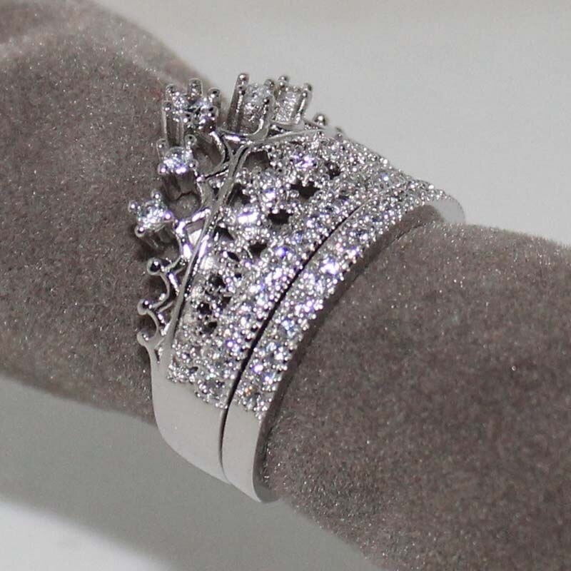 2 Stks/set Exquisite Womens Ringen Set Crown Steentjes Zirkoon Ringen Voor Vrouwen Accessoires Bruiloft Engagement