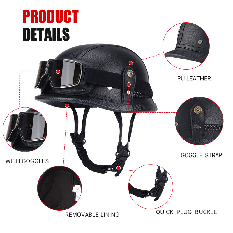 De oorlog II Duitse M35 halfshell handgemaakte lederen helm voor heren dames met Halley Goggle Skull Cap voor Cruiser Scooter Chopper