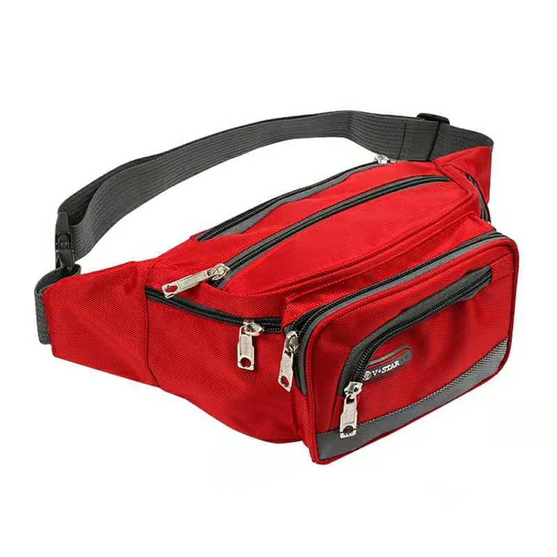 Unisex Canvas Waist Bag - Multi-Pocket Travel Fanny Pack - Adjustable Belt: Red