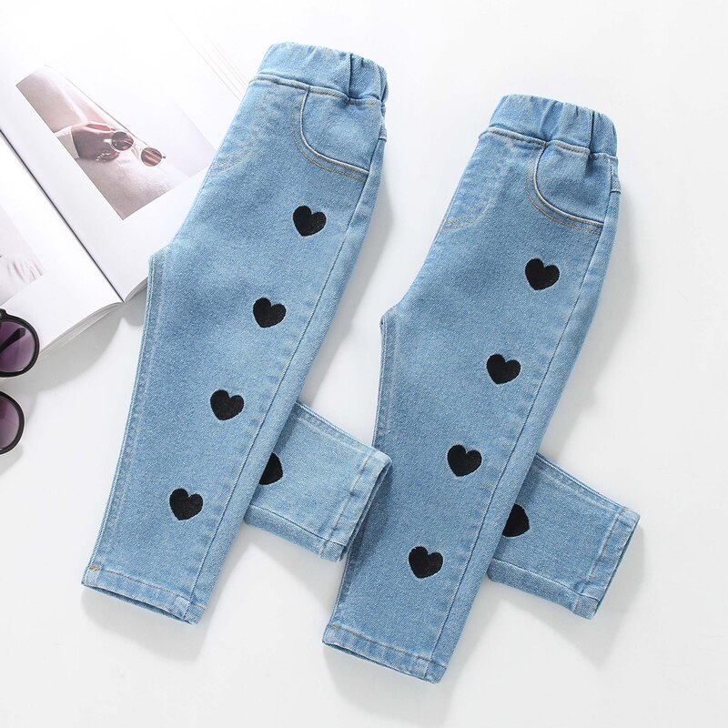 Ienens 2-6Y Kids Jeans Meisjes Denim Broek Lichte Kleur Liefde Jeans Lente Meisje Lange Broek Slim Bottoms Kinderkleding
