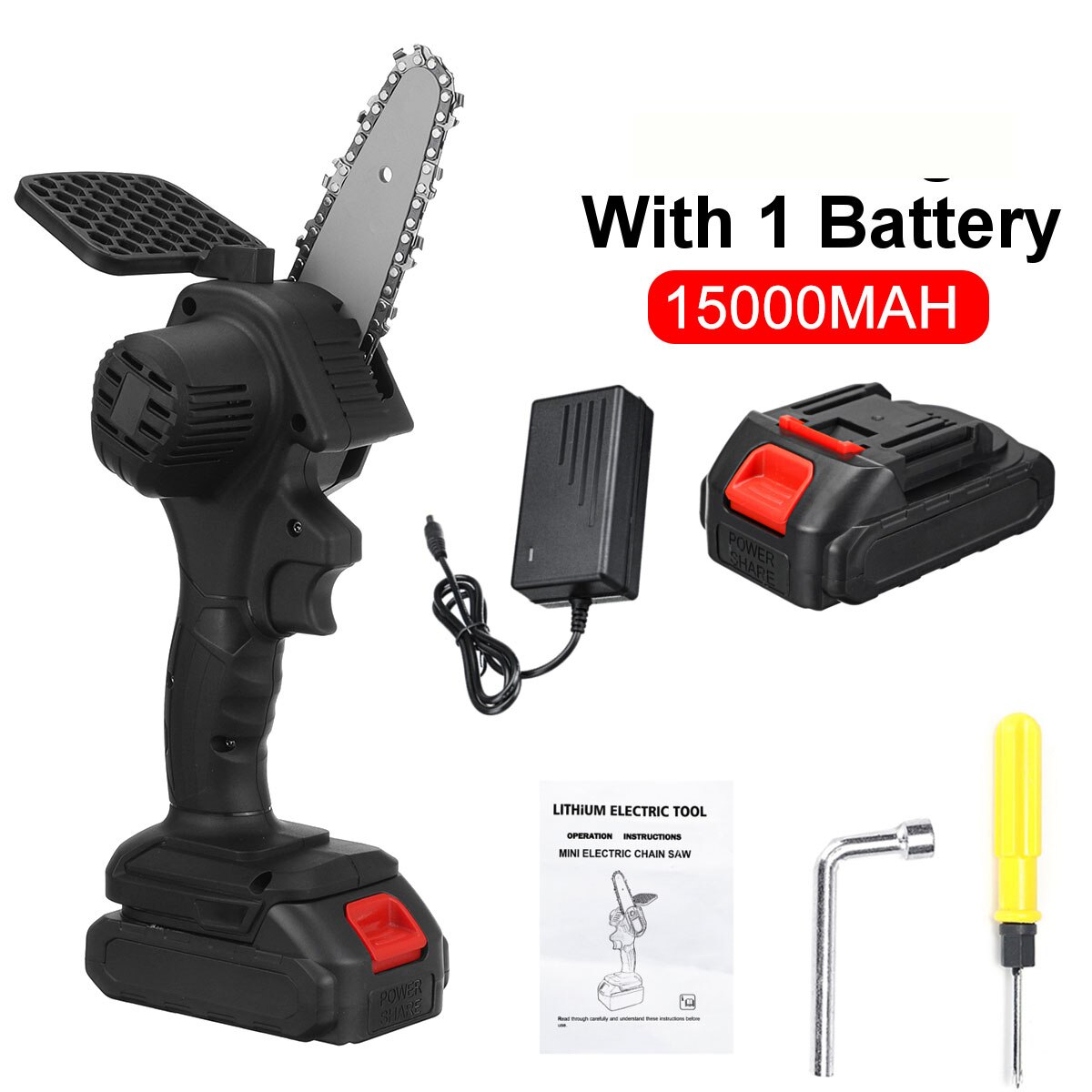 3000W 88VF 4 Inch Mini Electric Saw Chainsaw Garden Tree Logging Saw Woodworking Tools Wood Cutters with 2 Batteries: black 1 battery