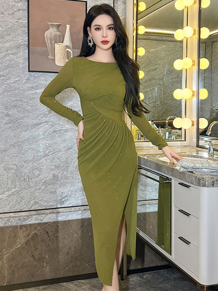 Dame mesh pailletter lang asymmetrisk kjole kvinder elastisk tøj sexet o-hals folder fest gallakjole vestidos