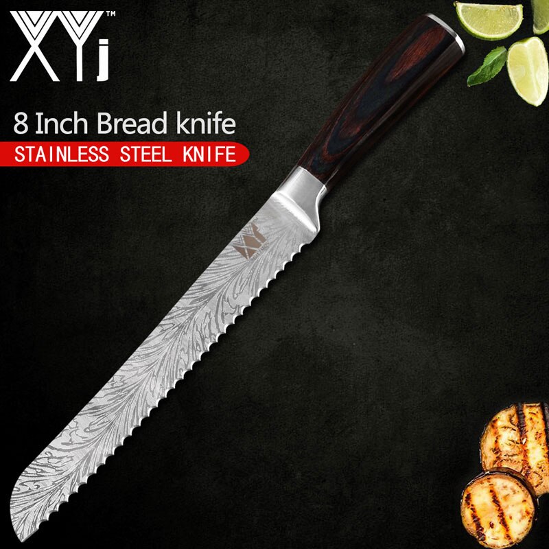 XYj Stainless Steel Kitchen Knives Set 8'' INCH Knife Storage Box Holder Damascus Pattern Veins Blade Full Tang Blade Accessory: 8 inch bread