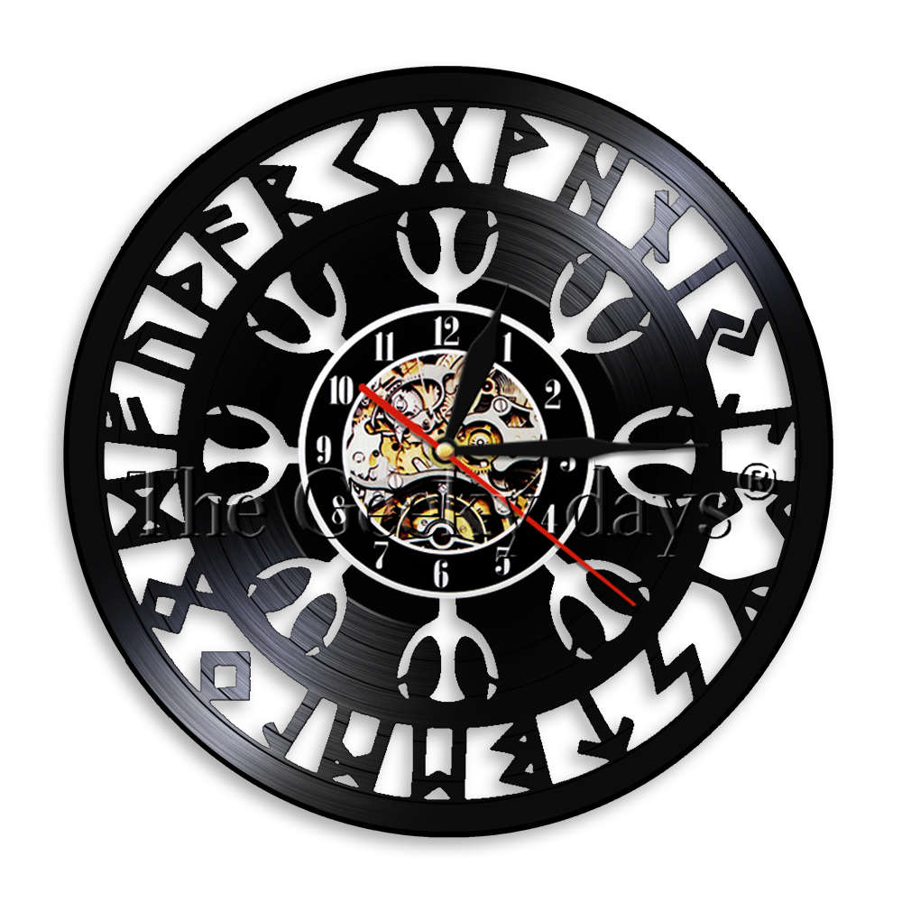 Viking kompass veggklokke klokke vintage hengende vinylplate veggklokker mystiske norrøne magick veggkunst dekor til stue: Hvit
