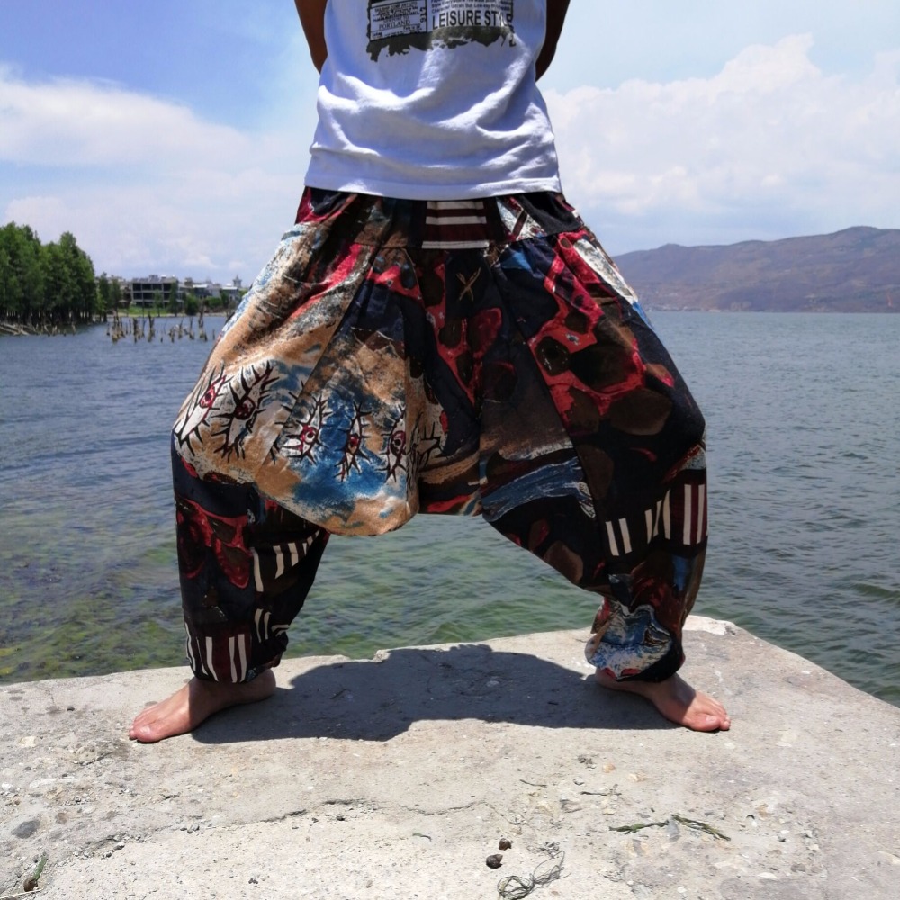 20 print thai hip hop aladdin hmong baggy bomuld hør harem bukser mænd plus size brede ben bukser boho casual bukser cross-bukser