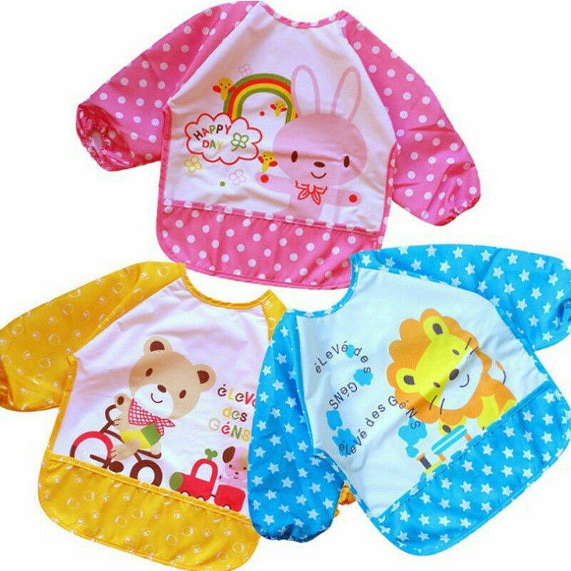 0-3Y Toddler Silicone Bibs Feeding Baby Crumb Catcher Wipeable Waterproof Pocket Long Sleeve Bib Cartoon Paint Play Apron