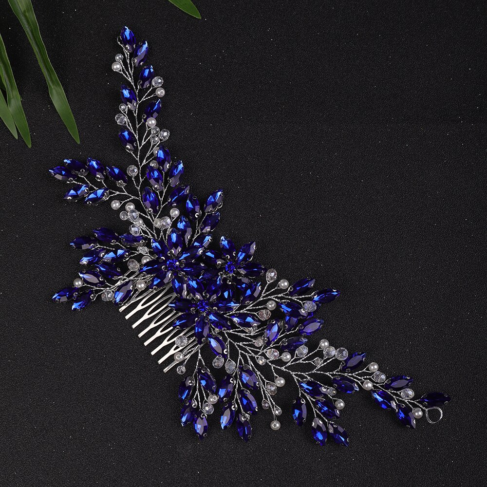 Peine grande para el pelo de novia, accesorio Vintage de plata con diamantes de imitación, perlas brillantes y cristales, tocado, pieza de cabello nupcial, boda: Azul