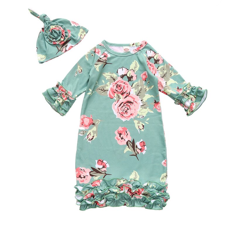 0-70Cm Baby Meisjes Slaap Tops Night Katoen Pasgeboren Robes Nightgowns Rose Bloem Nachtkleding Met Slaapmutsje Voor Herfst winter Lente: Default Title