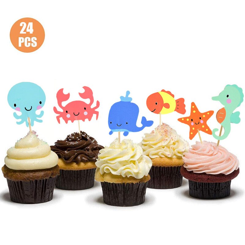 24 pçs oceano animal cupcake toppers sob o mar festa bolo bandeiras menino chá de fraldas tema sereia festa de aniversário bolo decorações