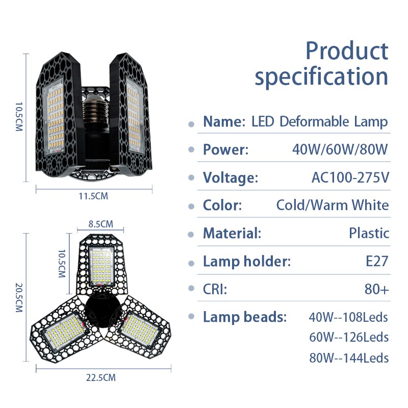 Deformerbar lampe  e27 led pære 40w 60w 80w garagelys 360 grader  ac85-265v deformerbar lys til værksted lager fabrik gym