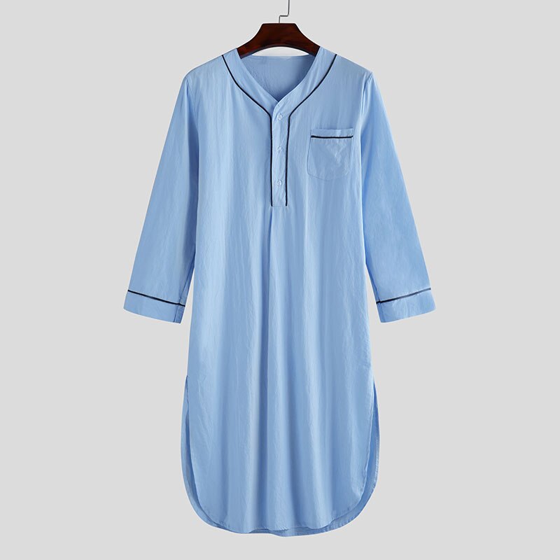 Pijamas de manga larga con cuello en V para hombre, ropa de casa suelta, Color sólido, Premium, camisón: Azul / XXXL