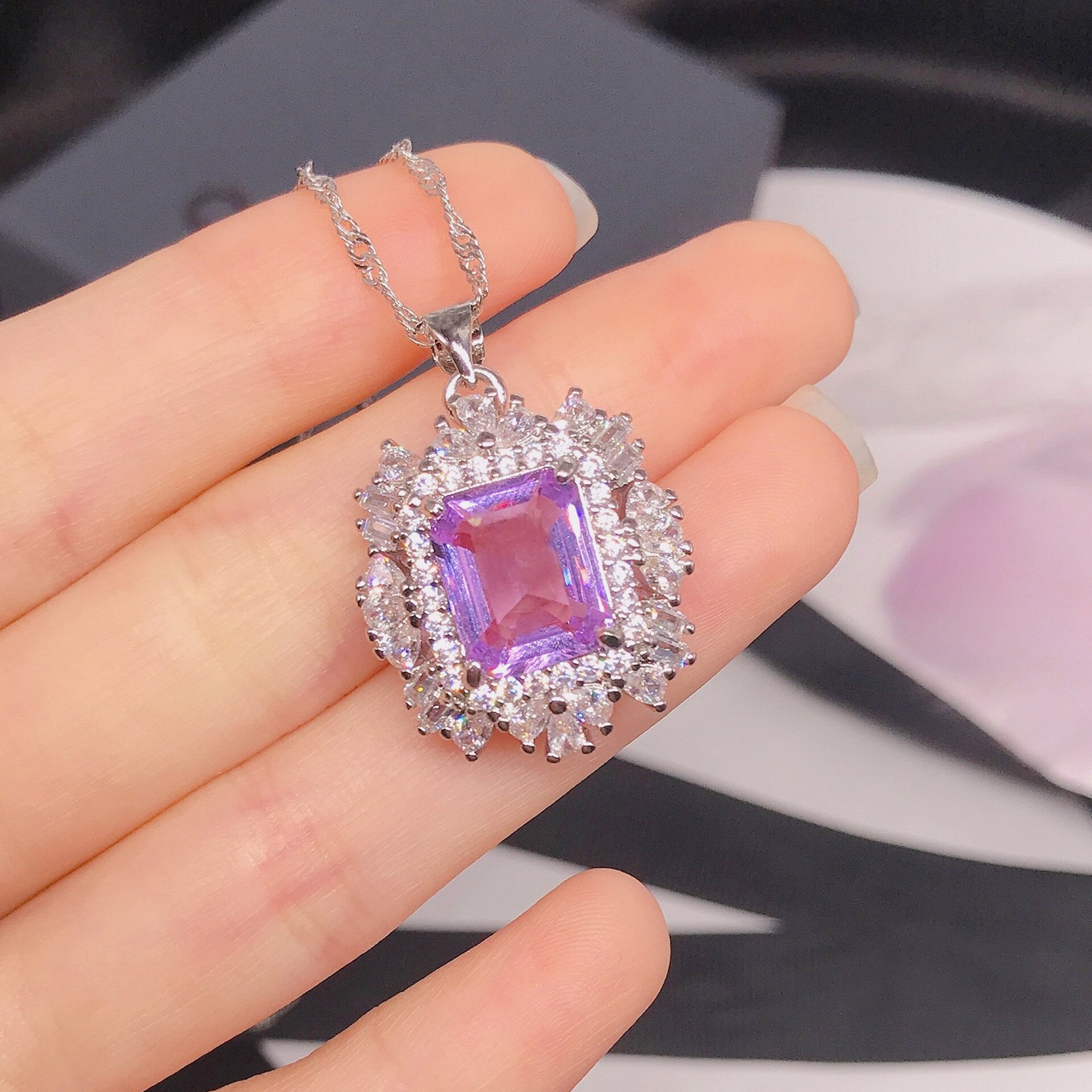 RUZZALLATI Drsign Rectangle Pink 6ct Tanzanite Rings fpr Women Silver Color Wedding Bridal Ring Necklace Jewelry Set: Necklace
