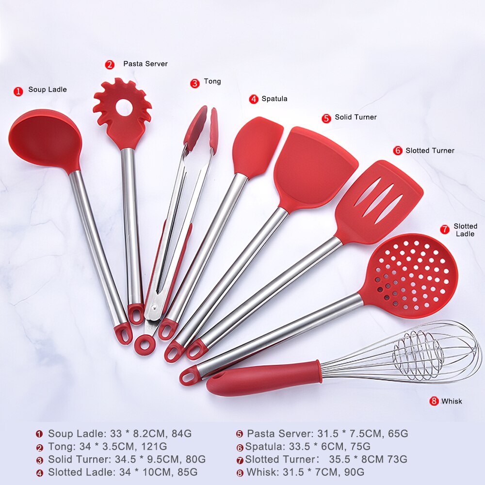8 Uds juego de utensilios de cocina rojos aparatos cocina silicona espátula de madera con caja de soporte conjunto de herramientas de cocina