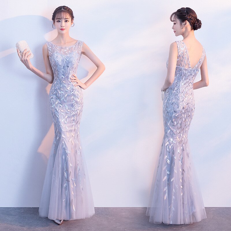 Havfrue kjole kvinner paljetter lang qipao o-hals cheongsam brud bryllup cheongsam moderne kvelds fest blondere ut kjole