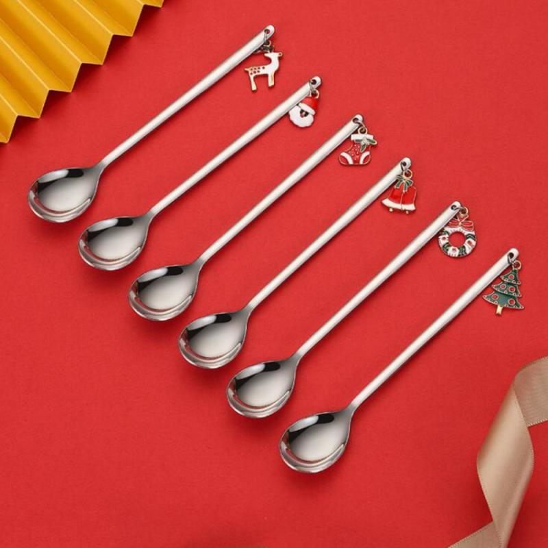 Metal Merry Christmas Spoons Year Xmas Party Tableware Ornaments Christmas Decorations for Home Stirring Stick Spoons
